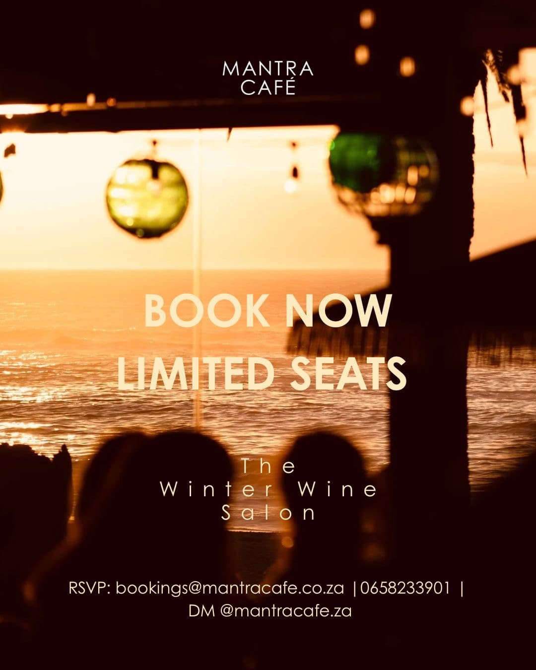Sunset on the Mantra Café balcony — limited seats for the Winter Wine Salon